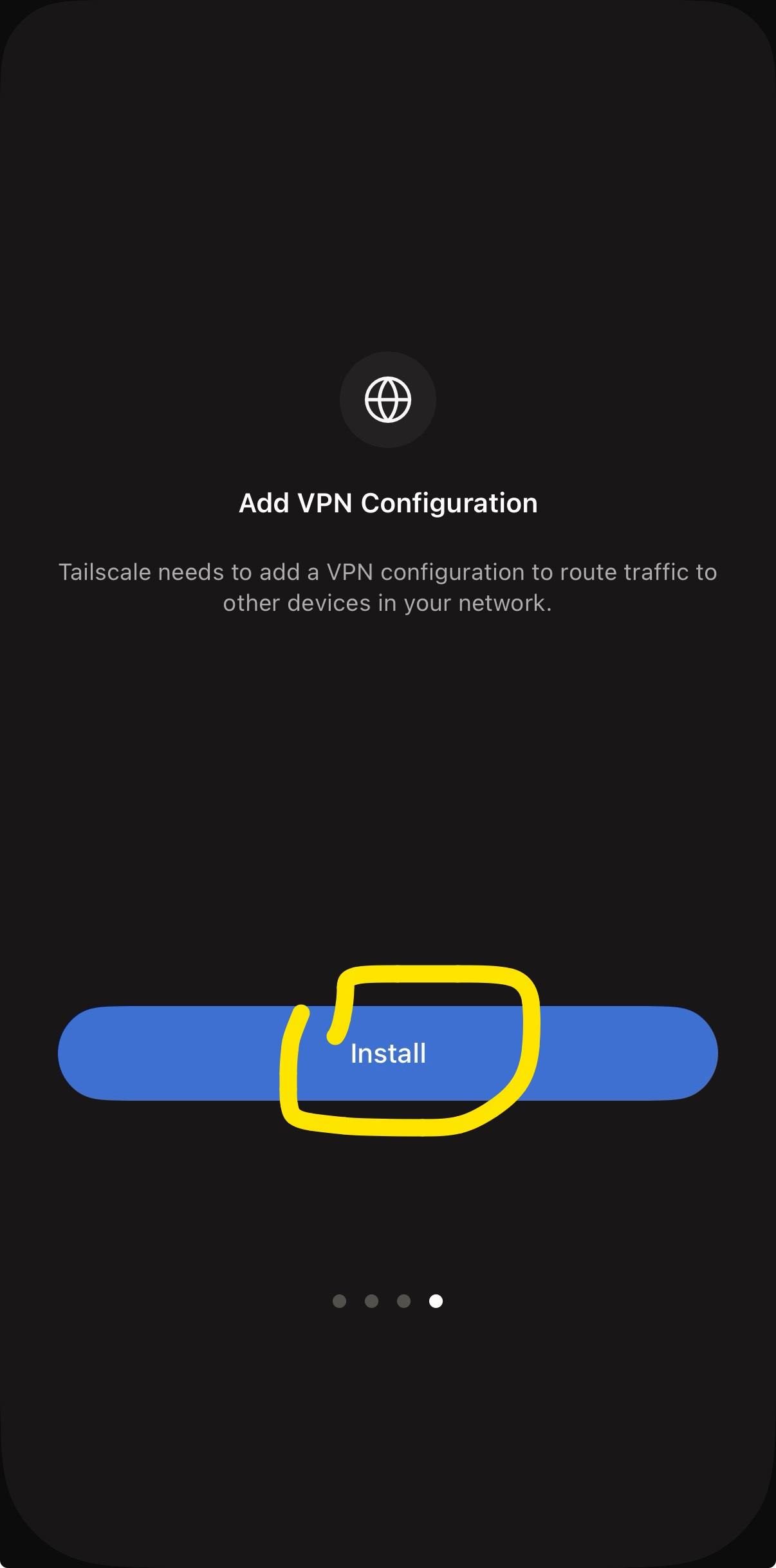 Add VPN Configuration 화면 아래 파란색 Install 버튼이 노란색으로 표시된 화면
